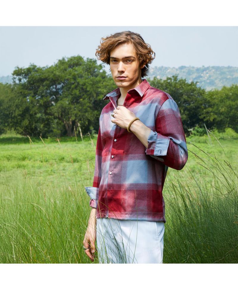 Men's Venetian Red & Coin Grey Vignette-Checkered Oversized Shirt