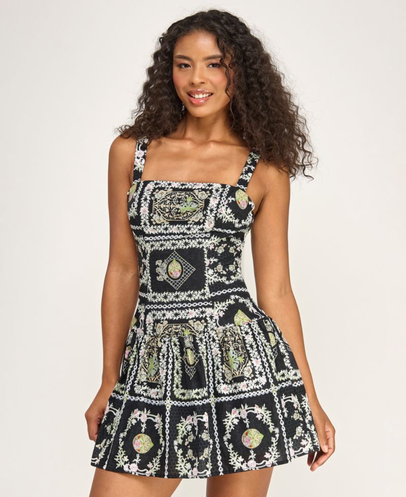 Juniors' Printed Square Neck Eyelet Drop Waist Short Dress