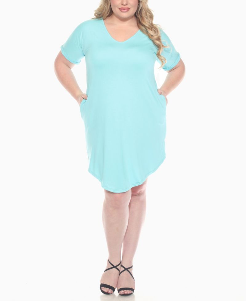 Plus Size V-Neck Folded Sleeves and Pockets Knee-Length Dress