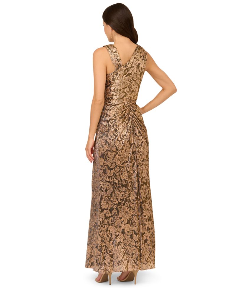Women's Asymmetrical-Neck Metallic-Crinkle Wedding Guest Long Dress