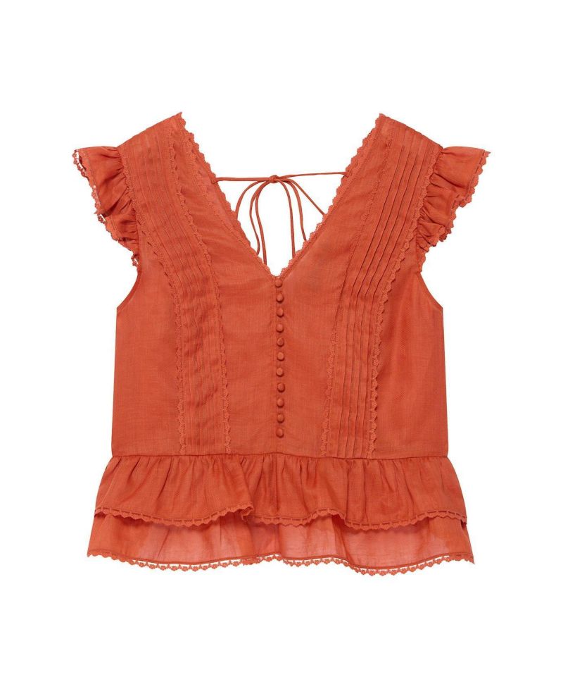 Women's V-Neck Ruffle Sleeveless Ramie Blouse