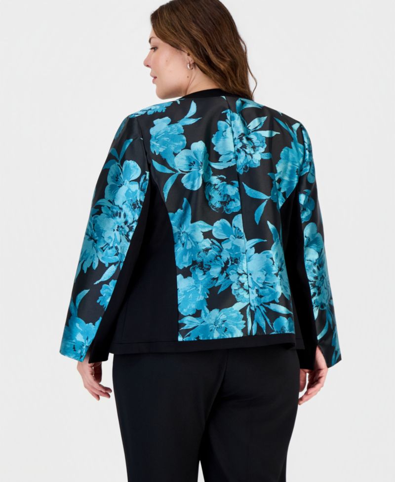 Plus Size Open-Front Floral Collarless Cardigan