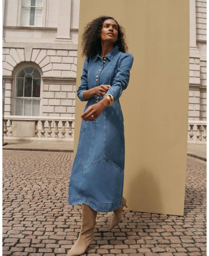 Women's Denim Midi Classic Colllar Shirt Dress
