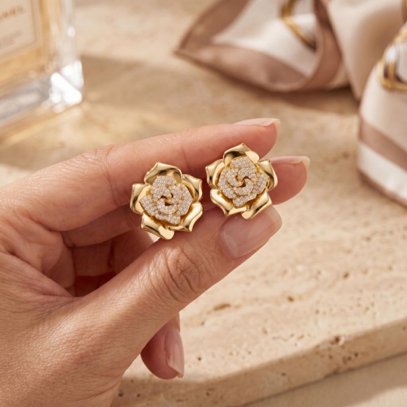 14K Gold Plated CZ Big Heavy Flower Statement Earrings