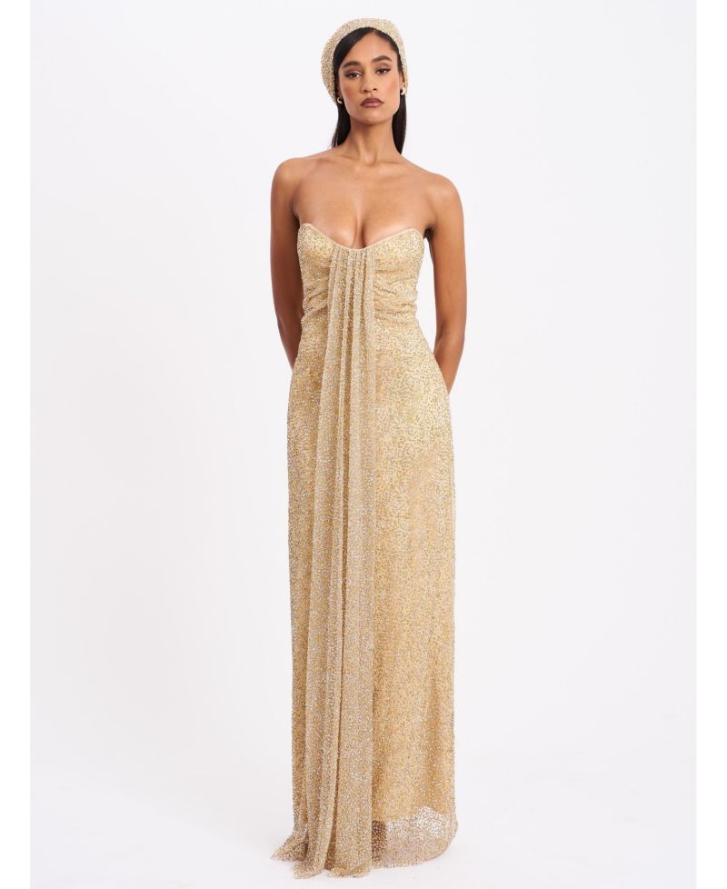 Women's Ada Gold Rhinestone Embellished Strapless Gown with Head Scarf