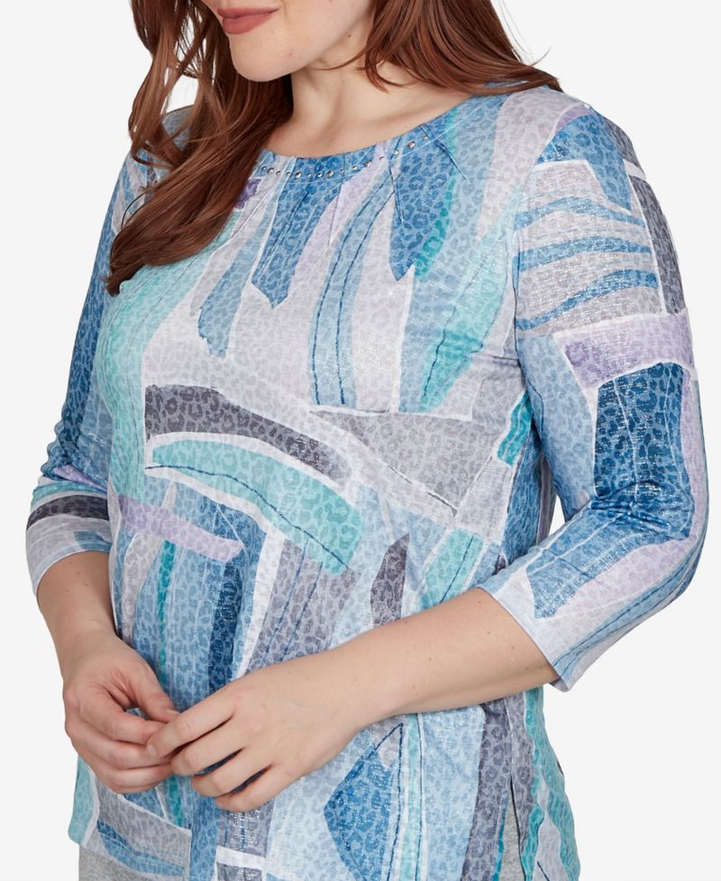 Petite 3/4-Sleeve Crewneck Abstract-Print T-Shirt