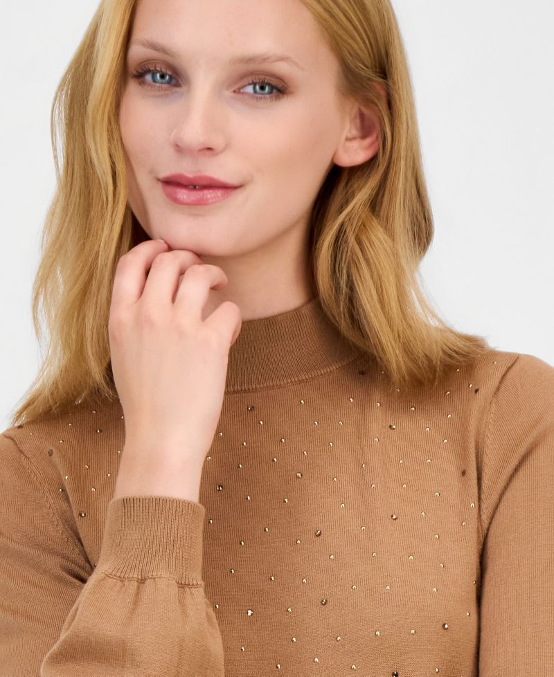 Women's Mock Neck Puff Sleeve Embellished Sweater