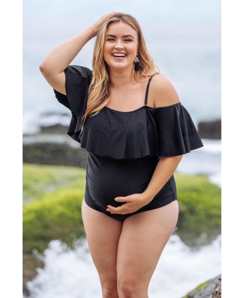 Women's Maternity Ruffle Trim Ruched One-Piece Plus Swimsuit