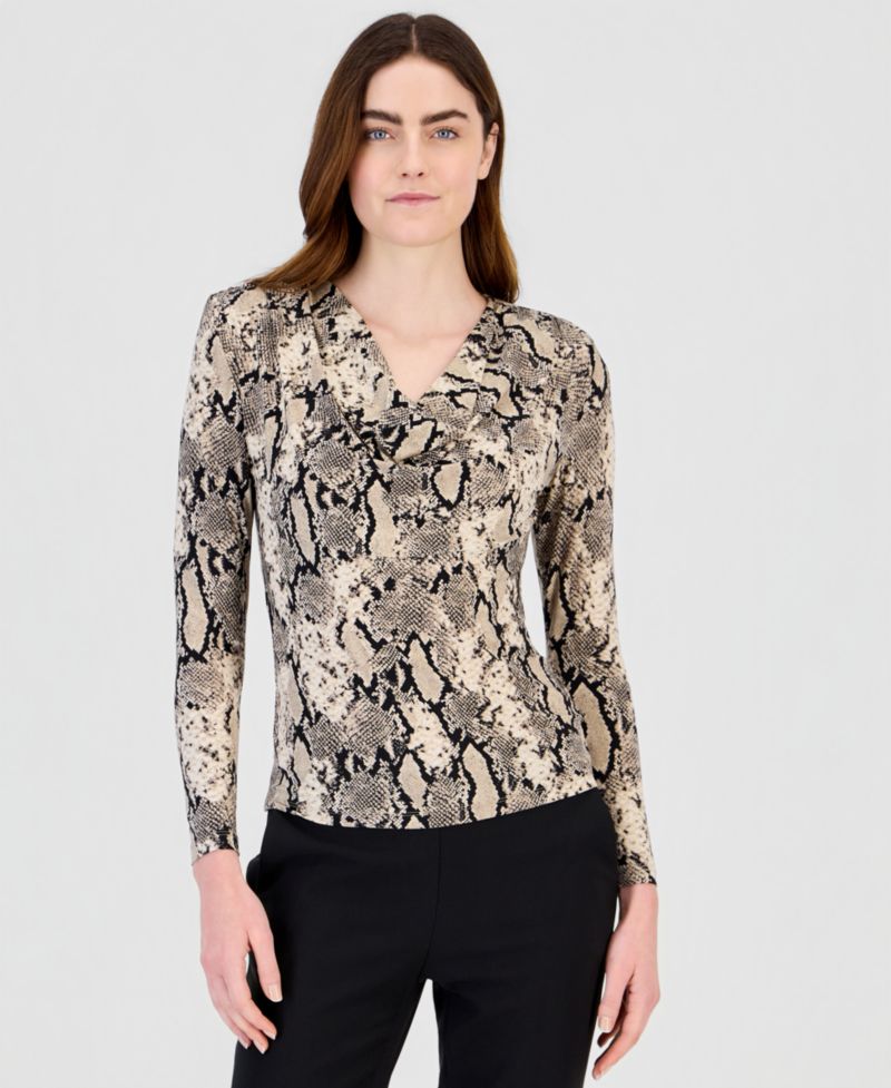 Women's Cowl Neck Long Sleeve Snake-Print Blouse