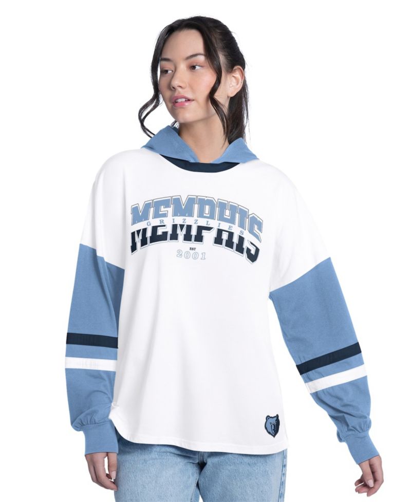 Women's White/Blue Memphis Grizzlies Key Player Oversized Hooded Long Sleeve T-Shirt