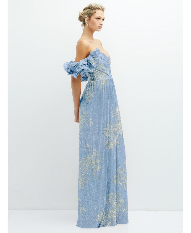 Womens Dramatic Ruffle Edge Convertible Strap Metallic Pleated Maxi Dress with Gold Foil Print