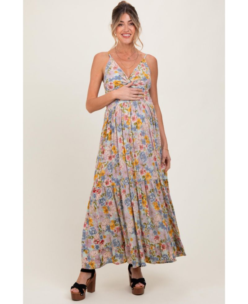 Women's Mint Green Floral Twist Front Cutout Maxi Dress