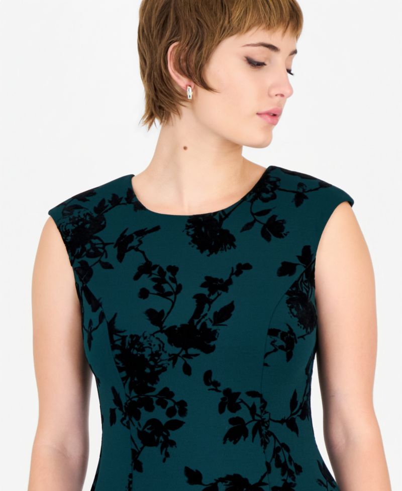 Women's Velvet-Floral A-Line Crewneck Dress