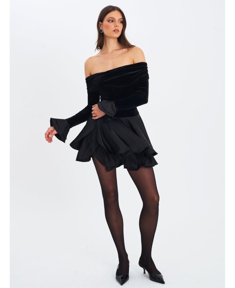 Women Magnolia Black Off-Shoulder Layered Satin Mini Dress