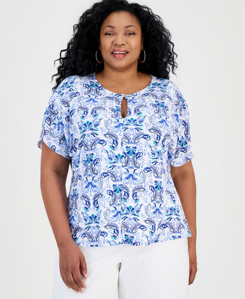 Plus Size Luca Paisley Keyhole Dolman-Sleeve Top