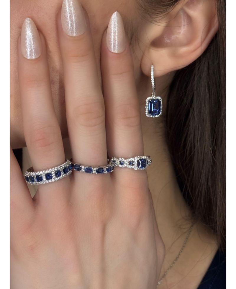 Suzy Levian Sterling Assher Cut Sapphire and Created Sapphire Proposal Ring