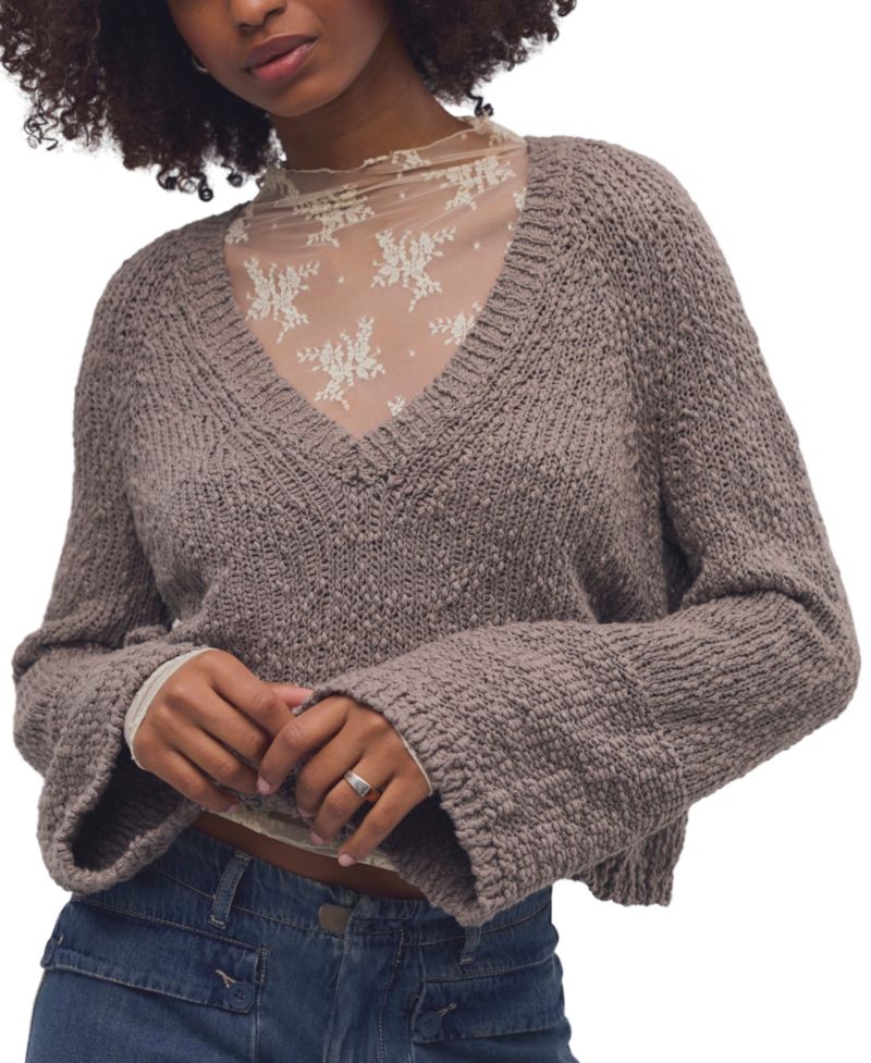 Women's Heartland Cropped Flared-Sleeve V-Neck Pullover Sweater