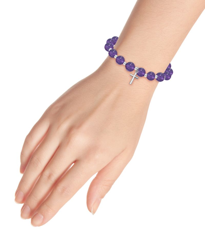 Silver-Plated Beaded Cross Charm Stretch Bracelet