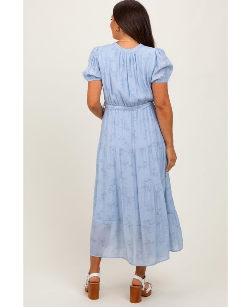 Women's Light Blue Split Neckline Tiered Midi Dress