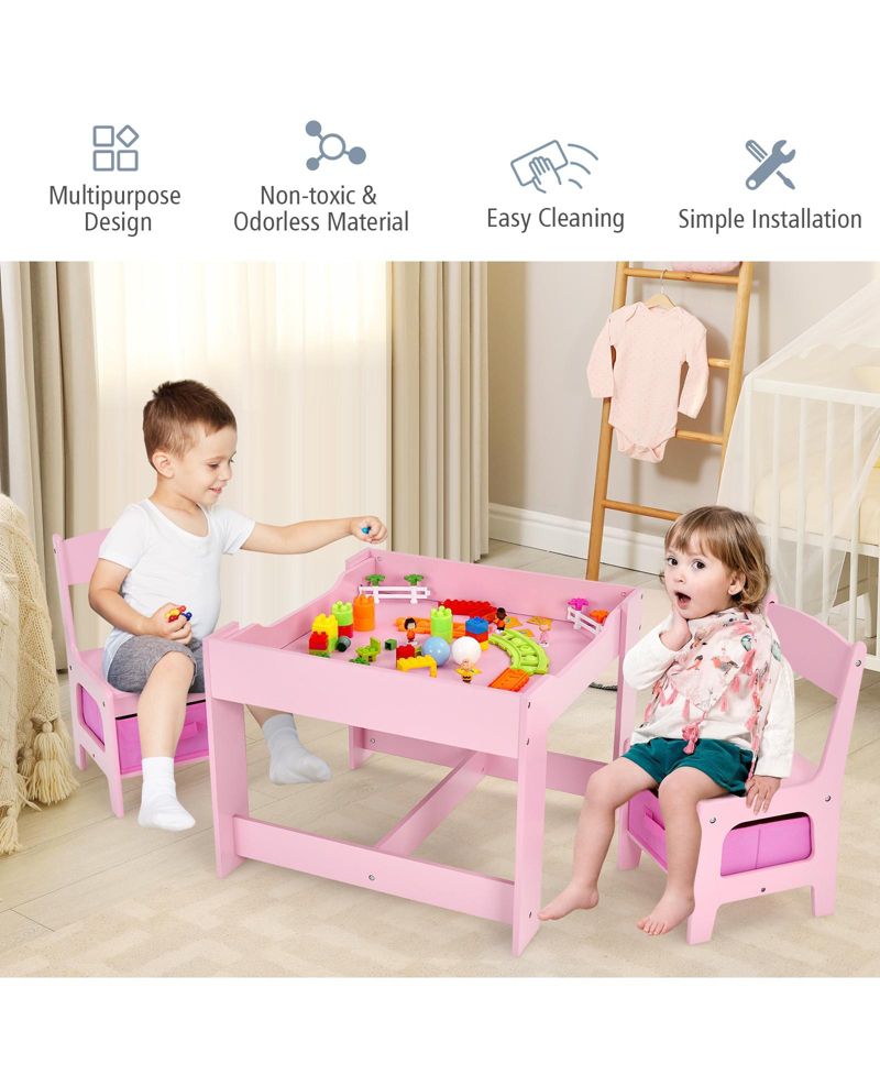 Kids Table Chairs Set With Storage Boxes Blackboard Whiteboard Drawing