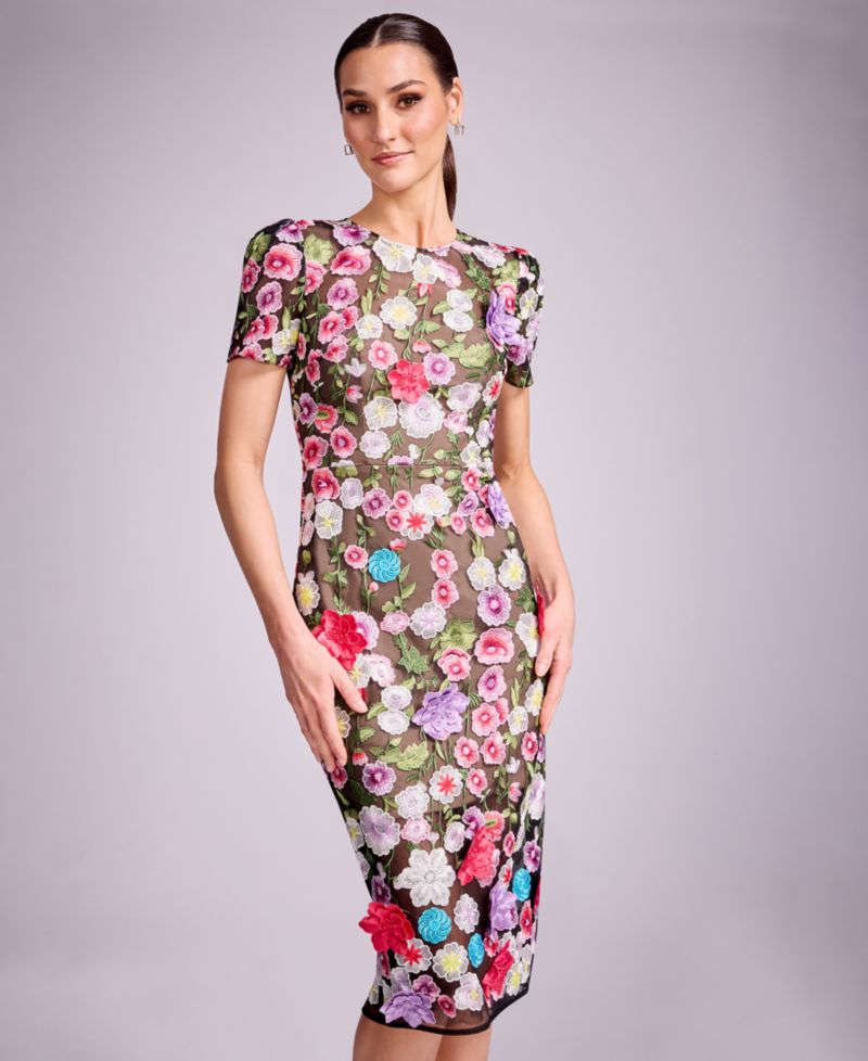 Women's Puff Short-Sleeve Bodycon Midi Dress