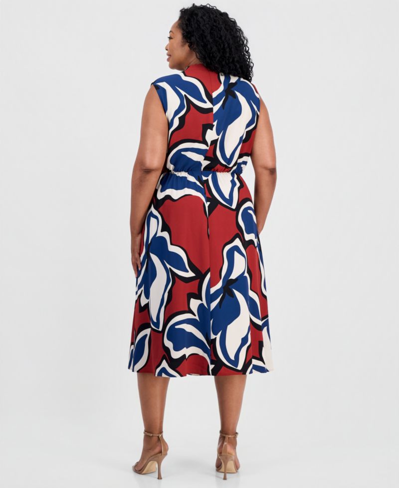 Plus Size Sleeveless Faux-Wrap Midi Dress