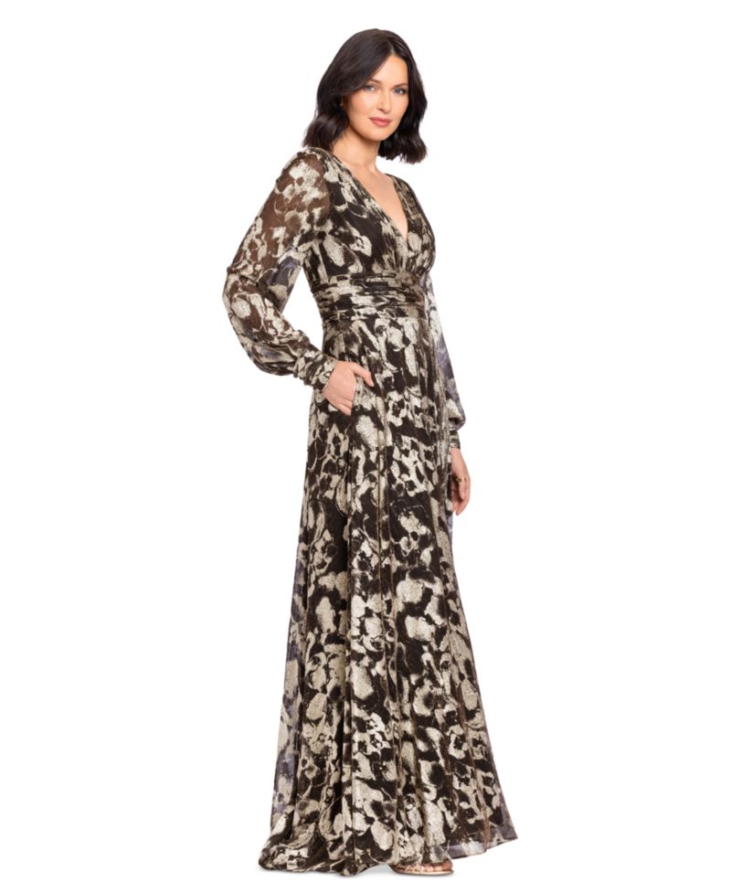 Women's Metallic V-Neck Ruched-Waist Gown