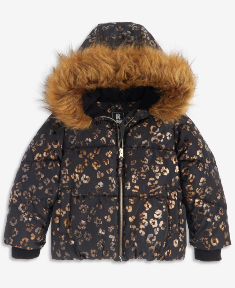 Toddler Girls' 2T-6X Leopard Foil Puffer Coat With Faux-Fur Trim