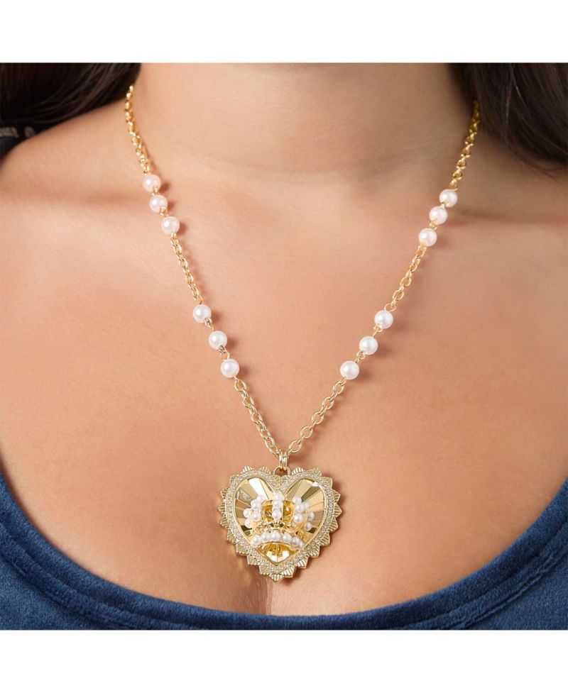 Heart Crown Necklace, Gold-Tone with Pearl Accent