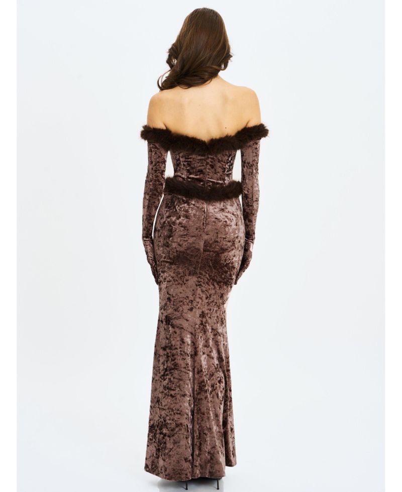 Women's Tessa Coffee Sweetheart Bardot Faux Fur Velvet Mermaid Maxi Dress