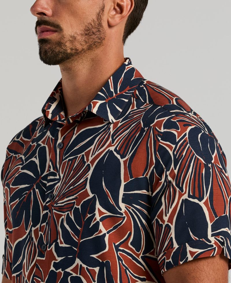 Men's Tropical Print Point Collar Short-Sleeve Button-Up Shirt