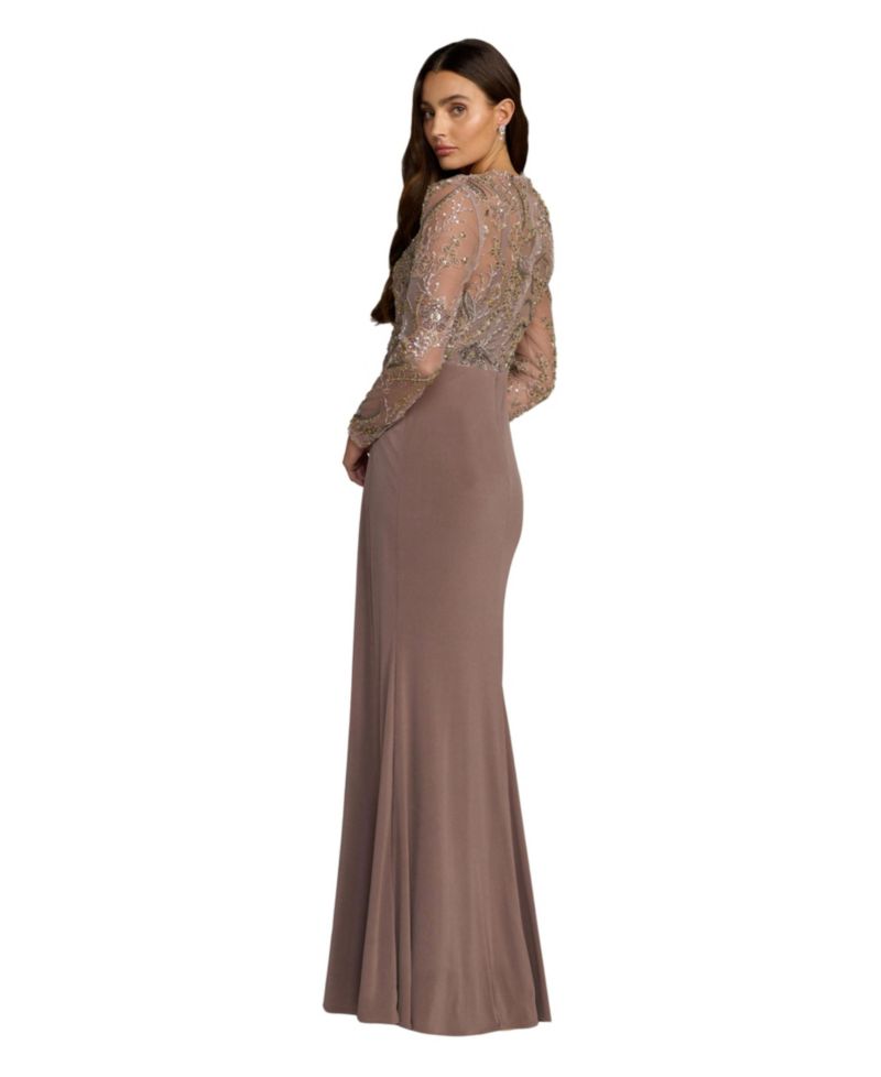 Women's Embroidered Long Sleeve Jersey Evening Gown