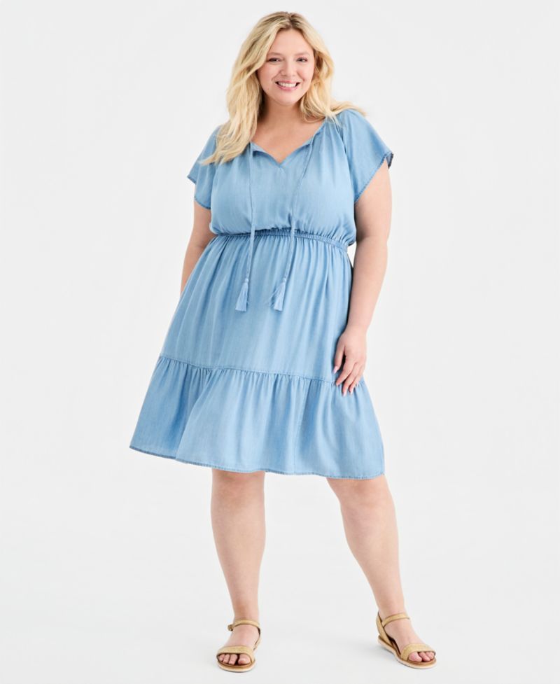 Plus Size Chambray Tiered Midi Dress