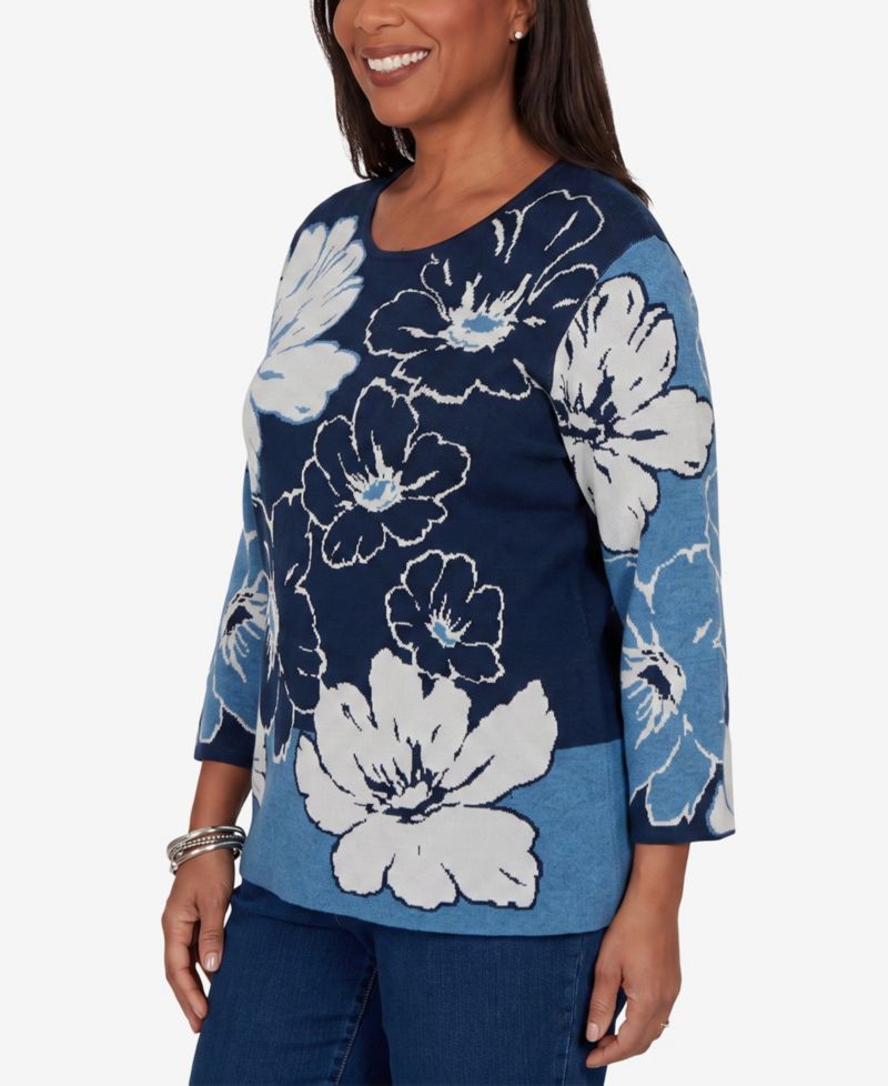 Petite Floral-Print 3/4-Sleeve Crewneck Sweater