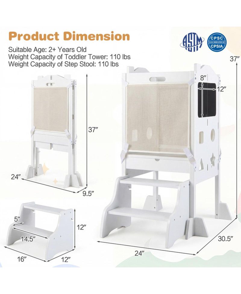 Toddler 3-in-1 Foldable Step Stool with Side Chalkboards