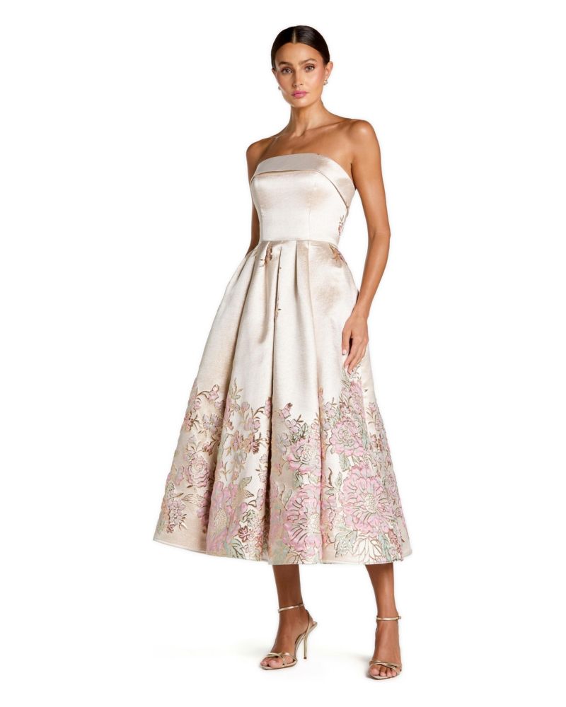 Women's Floral Strapless Brocade A Line Midi Dress