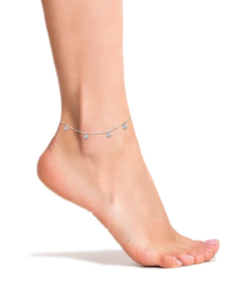 Cubic Zirconia Pav&eacute; 7 Mini Disc Drops Ankle Bracelet in Sterling Silver or 18K Gold-Plated Sterling Silver