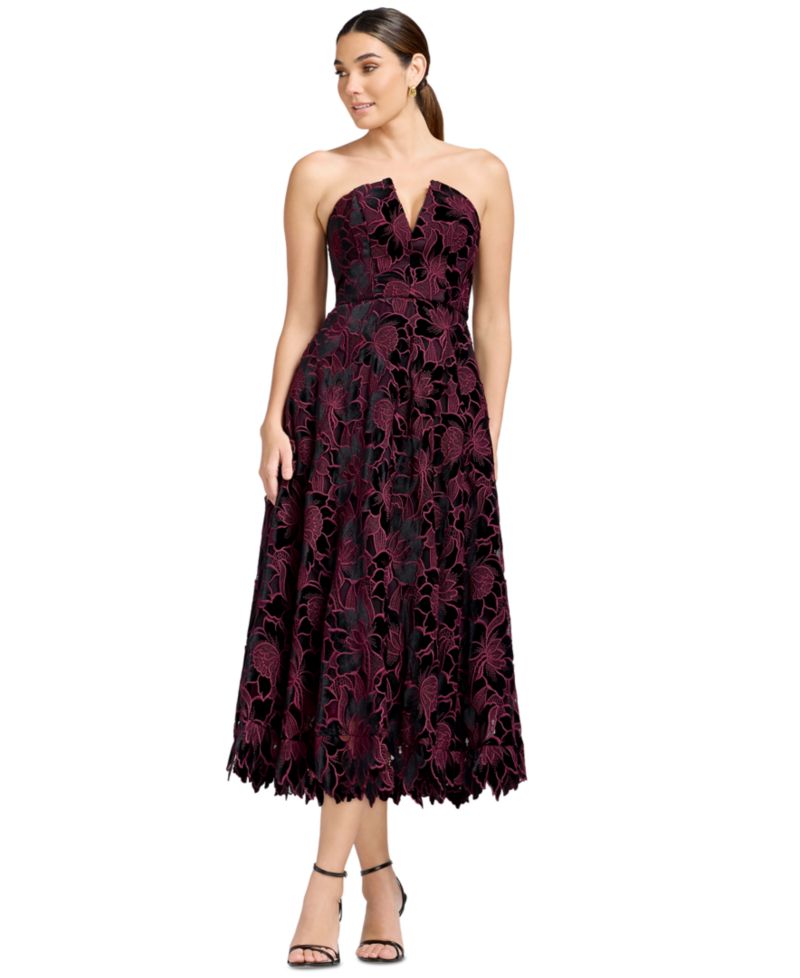 Women's Strapless Floral Fit & Flare Midi Dress