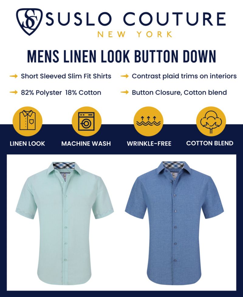 Men's Slim Fit Linen Look Short Sleeve Button Down Shirt