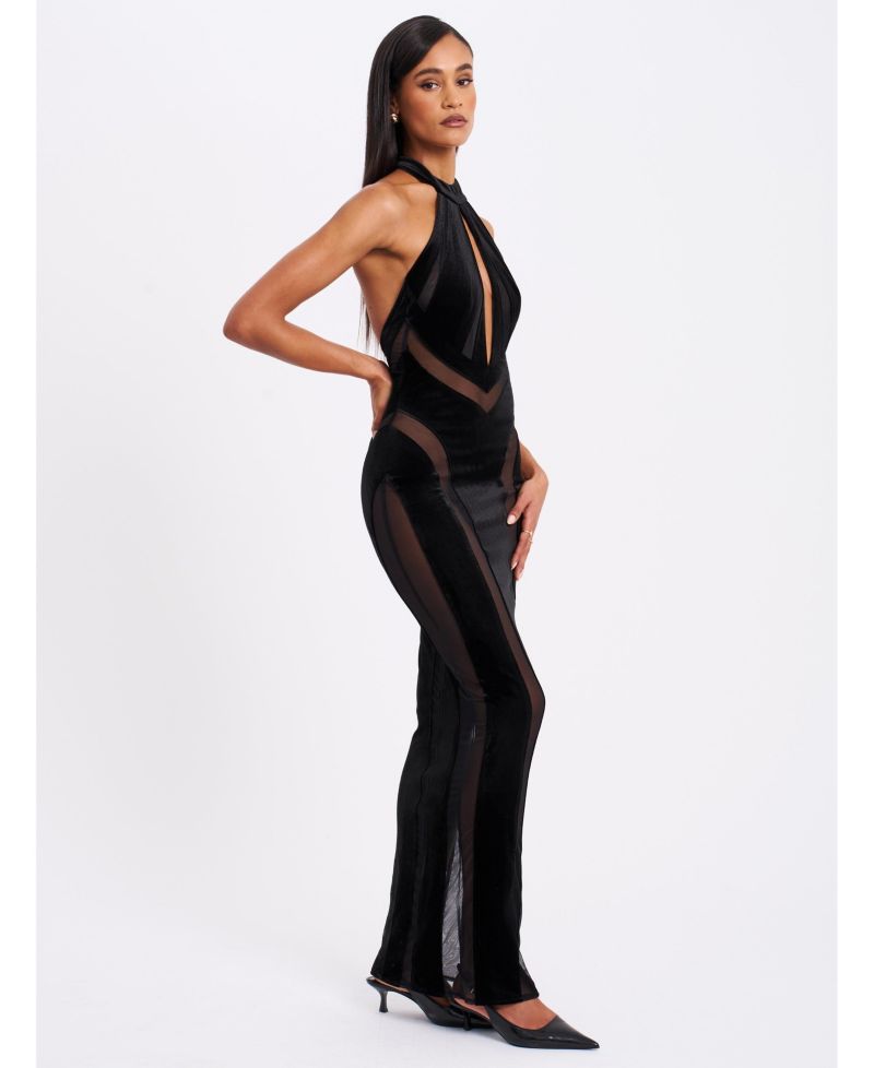 Women's Paityn Black Velvet Mesh Cutout Halter Gown