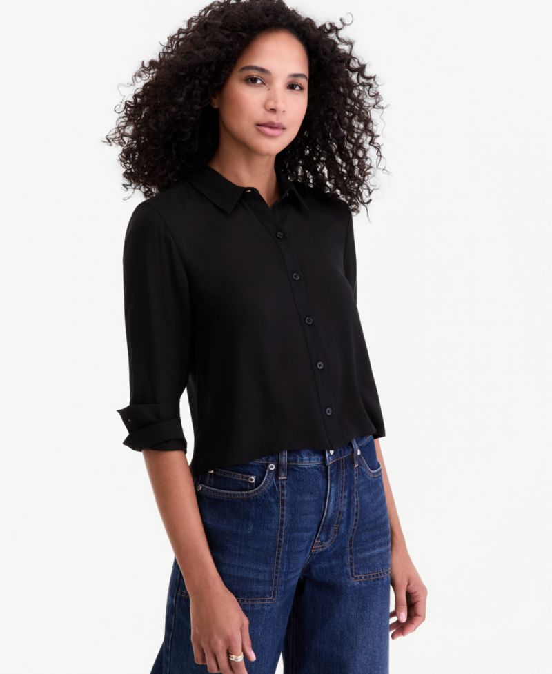 Women's Cropped Button-Down Crepe Shirt
