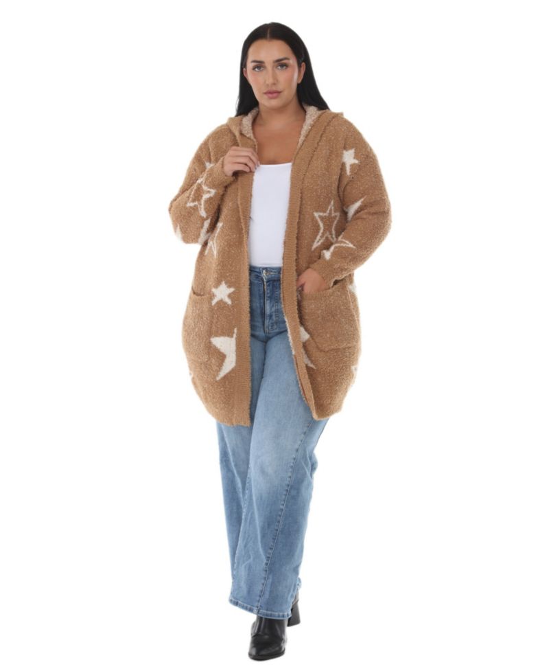 Plus Size Hooded Star-Print Sherpa Cardigan Sweater