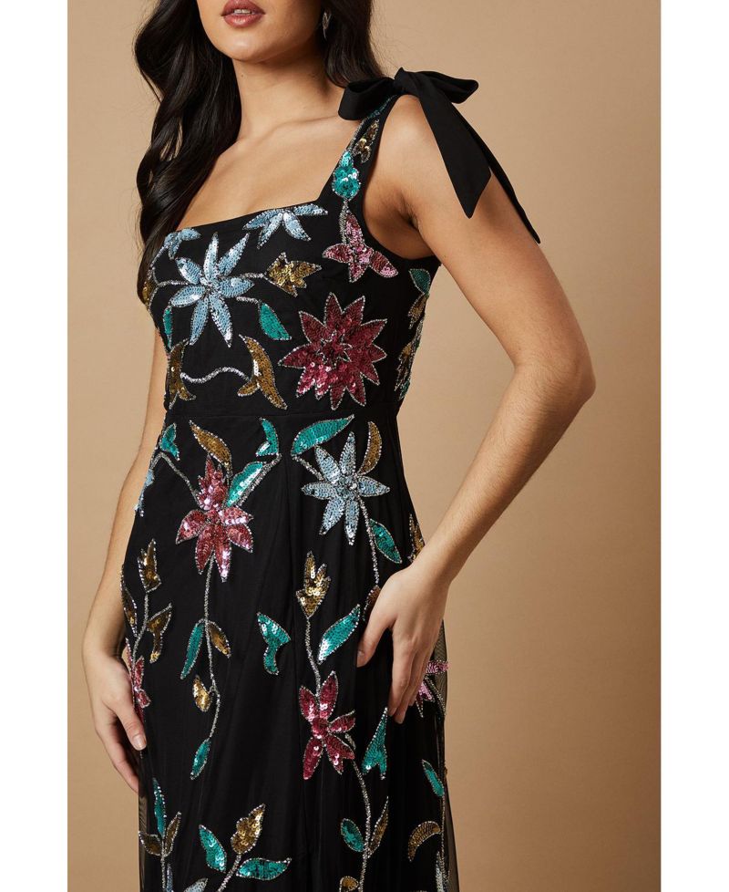 Women's Floral Embellished Split Midi Dress