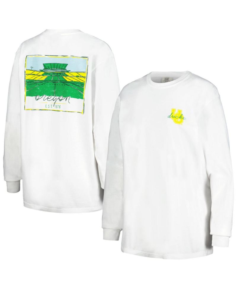 Women's White Distressed Oregon Ducks Hand-Drawn Stadium Oversized Long Sleeve T-shirt