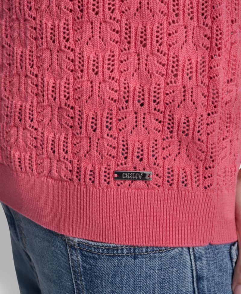 Women's Short Sleeve Crew Neck Lace Pointelle Sweater