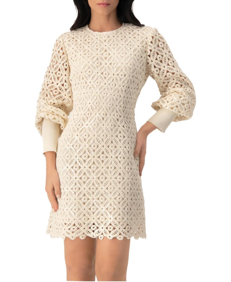 Women's Embroidered Crochet Mini Dress with Sequin Detailing