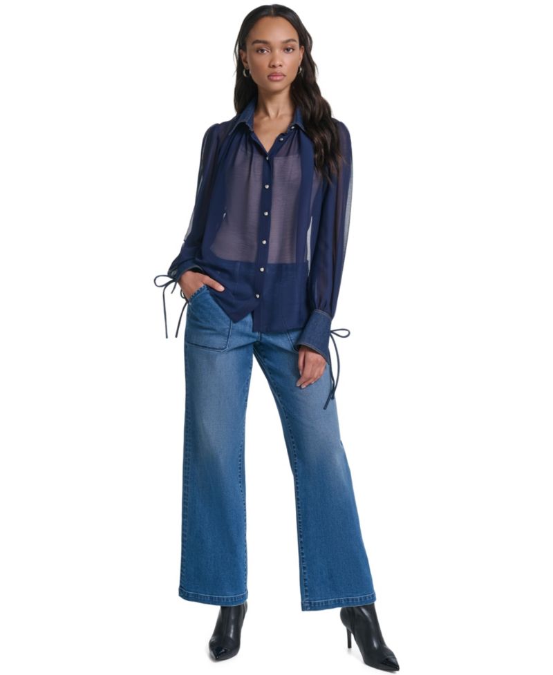 Petite Denim Collar and Cuff Crinkle Chiffon Button-Up Top