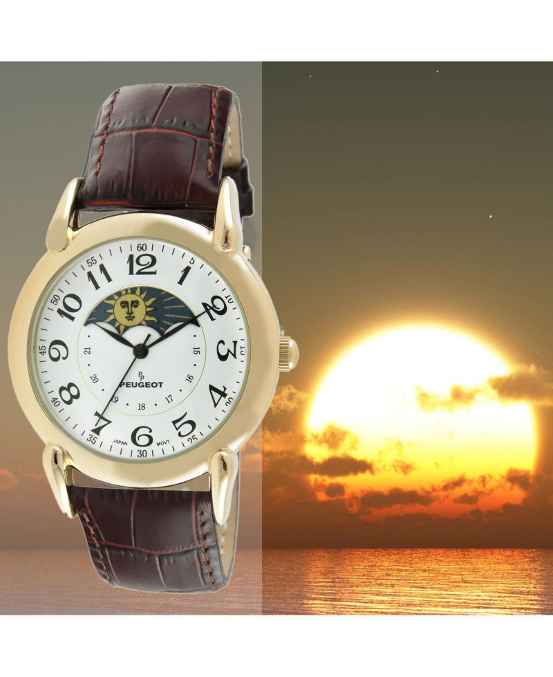 Men's 40mm Vintage Like White Dial Sun Moon Brown Leather Strap Watch