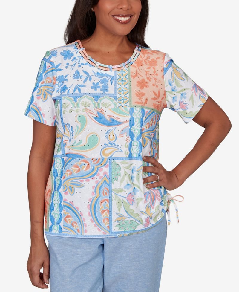 Women's Caribbean Blues Patchwork Scroll Side Tie Ruched T-Shirt