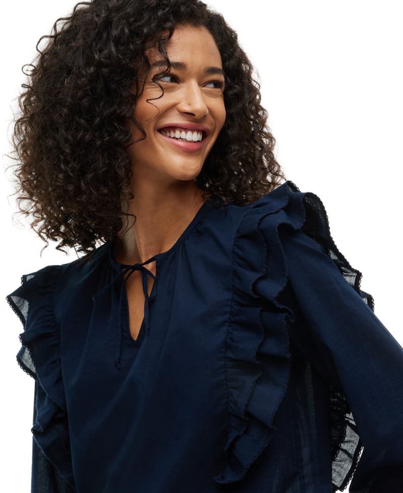 Women's Frill Detail Long-Sleeve Tie-Neck Top